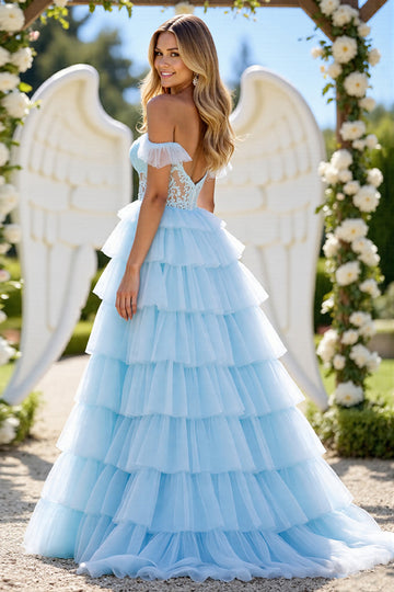 Blue Off The Shoulder Tiered Prom Dress With Slit